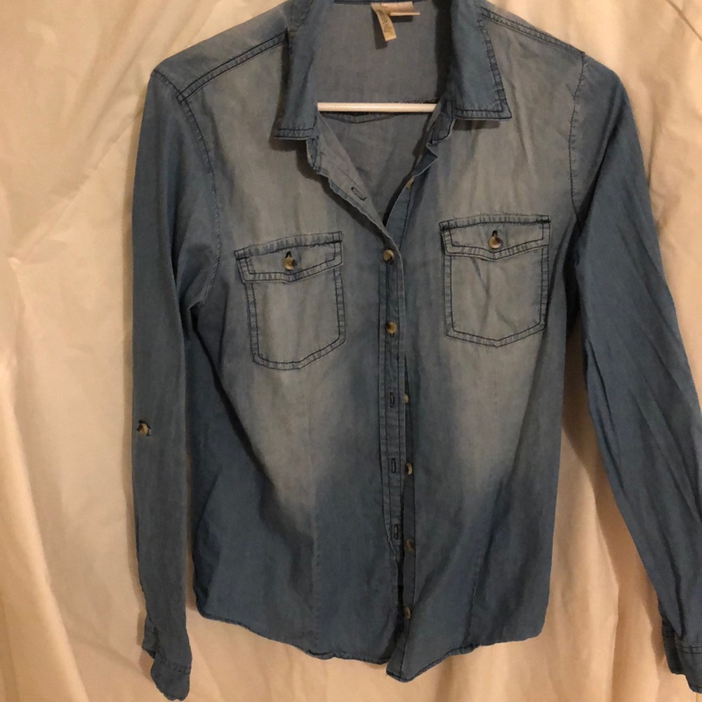 Chambray button up roll tab shirt